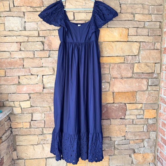 crown & ivy Dresses & Skirts - Crown & Ivy XL Navy Eyelet Cotton Flutter Smocked Back Maxi Dress Cottage Preppy